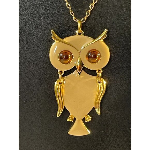 VTG ART Gold Tone Metal Cream Enamel Articulated Jointed Owl Pendant Necklace - Picture 4 of 16